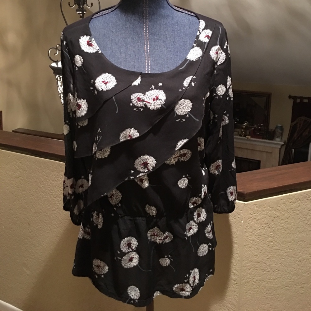 Anthropologie Black Floral Ruffle Tunic